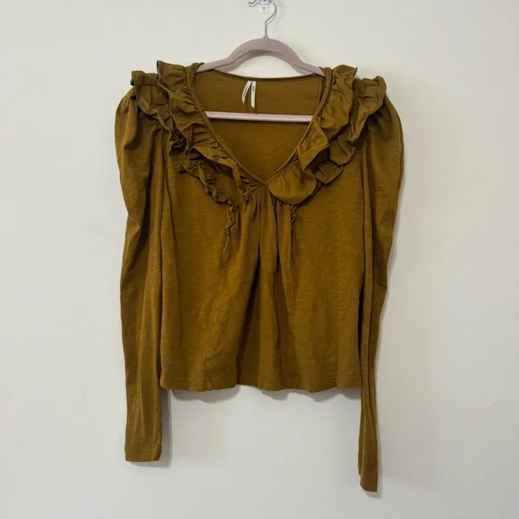 Anthropologie Ruffled V Neck Burnished Gold Blouse - Picture 3 of 6